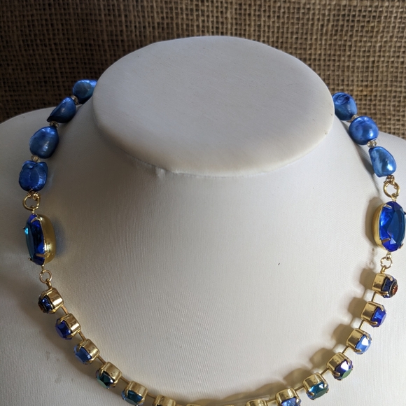 Dark Blue Metallic AB Crystal & Blue Baroque Pearl Statement Necklace - Picture 7 of 9